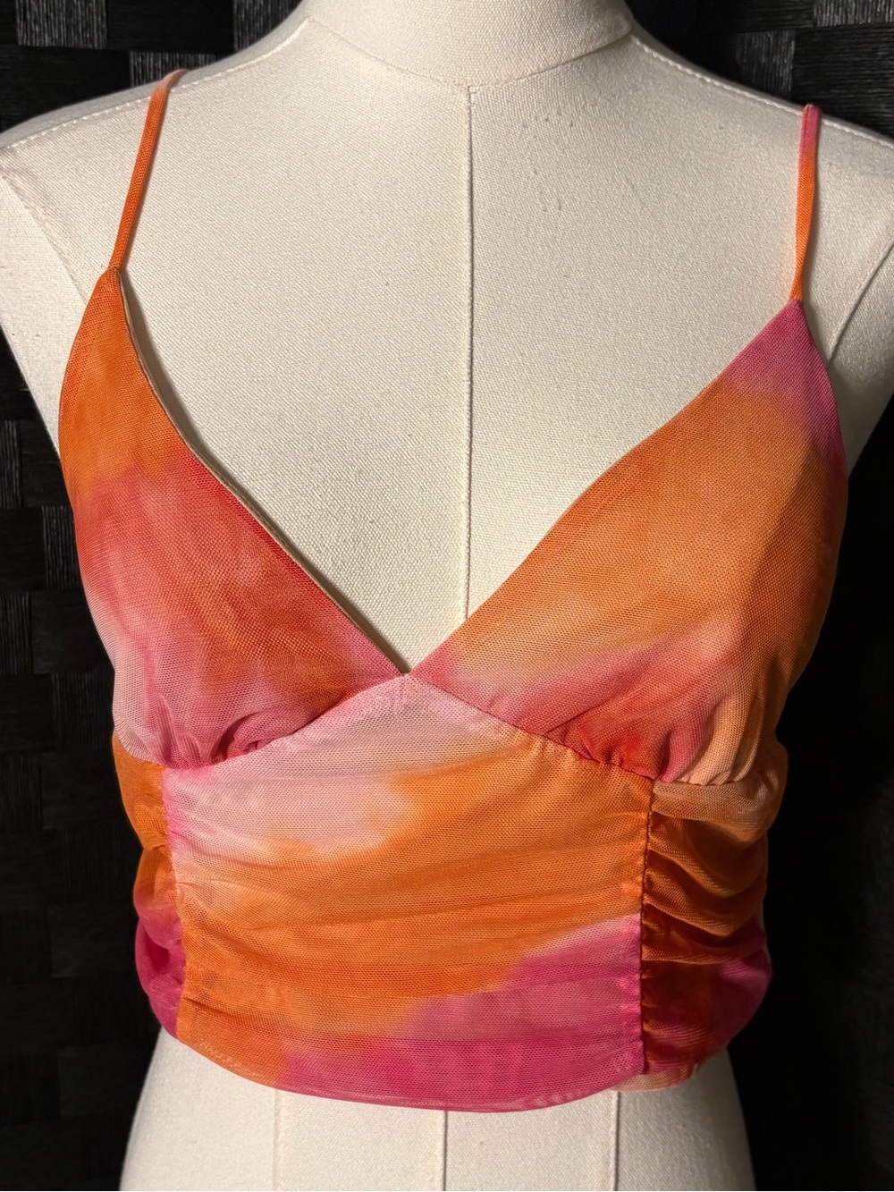 Blue Blush Sunset Tie Dye Mesh Crop Top Ruched V-Neck Camisole